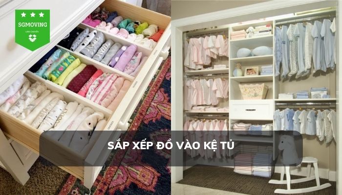 Sắp xếp quần áo vào kệ tủ