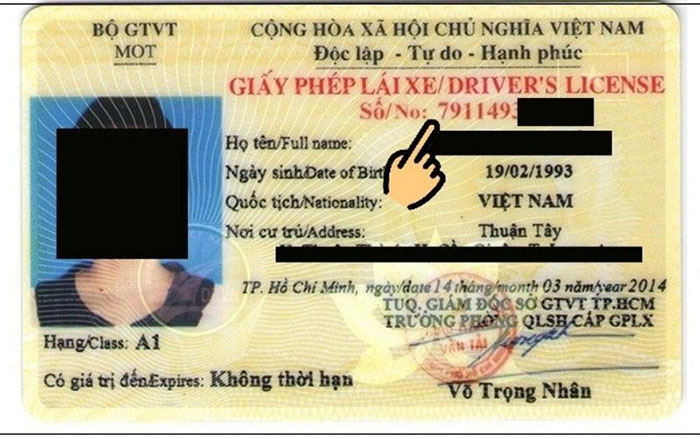 Số GPLX in trên mặt trước